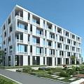 Modern Office Building with White Facade and Glass Windows Surrounded by Landscaped Garden and Walkways