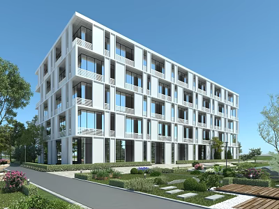 Modern Office Building with White Facade and Glass Windows Surrounded by Landscaped Garden and Walkways 3d model