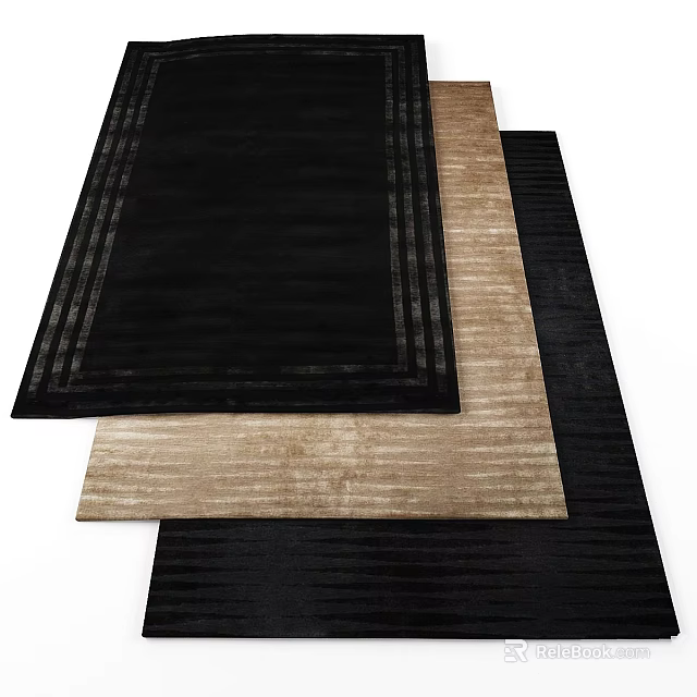 Multiple Square Rugs in Black and Beige with Striped Border and Soft Texture 3d model 