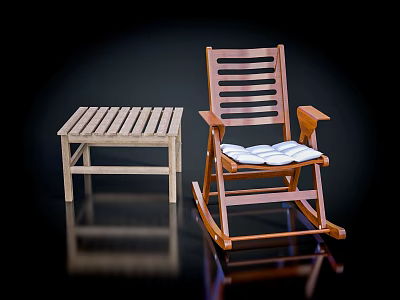 Wooden Leisure Rocking Chair With White Cushion And Matching Side Table For Relaxation 3d model