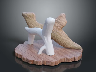 Wooden And Stone Sculptural Decor On Carved Wood Base With Abstract Shape 3d model