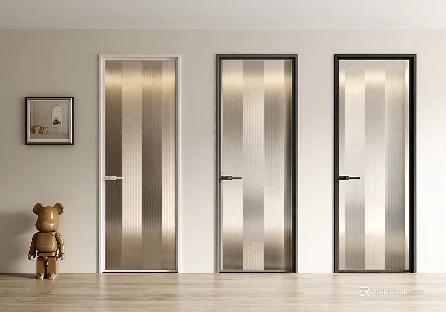 Modern Interior Hinged Doors With Ribbed Glass Panels And Sleek Metal Frames 3d model