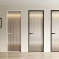 Modern Interior Hinged Doors With Ribbed Glass Panels And Sleek Metal Frames 3d model
