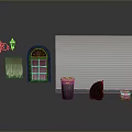 Home Furniture Assortment With Window Blinds Curtains Trash Can And Decorative Pieces