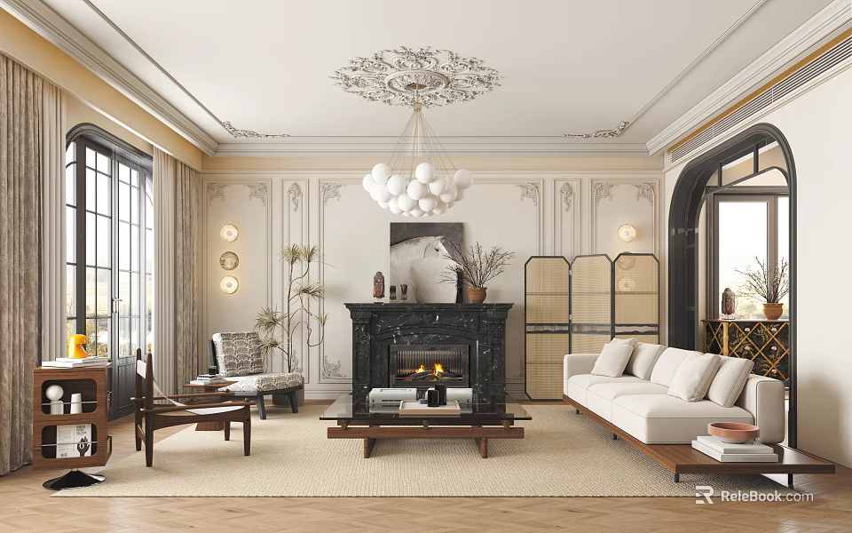 Elegant Living Room Interior With Ornate Ceiling White Chandelier Black Marble Fireplace And White Sofa 3d model 