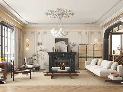 Elegant Living Room Interior With Ornate Ceiling White Chandelier Black Marble Fireplace And White Sofa 3d model