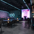 Modern Bar Interior Design Featuring Neon Lights Counter Seating And Glass Wall Lighting
