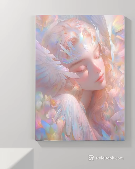 Dreamy Female Figure Painting With Iridescent Wings Long Hair Flowers And Soft Glow 3d model 