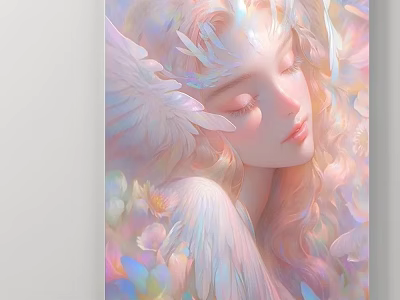 Dreamy Female Figure Painting With Iridescent Wings Long Hair Flowers And Soft Glow 3d model