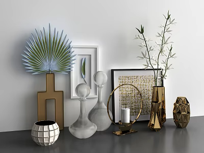 Modern Decorative Ornament Combination with Geometric Shapes Golden Metal Frames and Potted Greenery 3d model