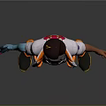 Futuristic 3D Character Model with White Pants Orange Vest and Blue Mechanical Arm