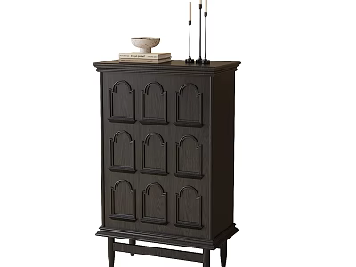 Dark Wooden Entryway Side Cabinet With Arched Door Panels And Decorative Top Ornaments 3d model