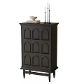 Dark Wooden Entryway Side Cabinet With Arched Door Panels And Decorative Top Ornaments