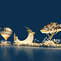 Magical Night Scene With Hot Air Balloon Moon And Balloon Tree Decorations