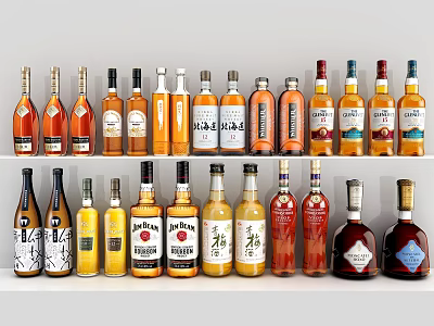 Assorted Alcohol Bottles Display With Different Labels And Colors On Shelf 3d model