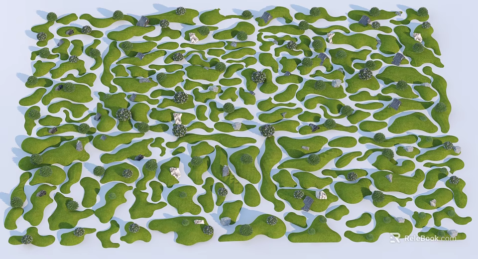 Garden Landscape Design With Undulating Terrain Green Vegetation And Small Structures 3d model