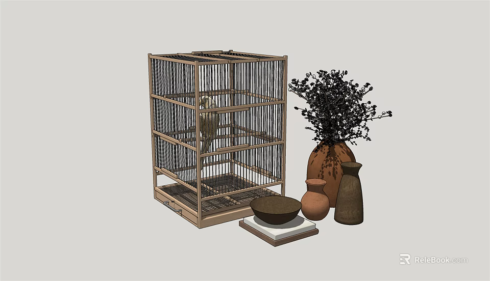 Decorative Ornament Combination With Wooden Birdcage Ceramic Vases Black Plant Round Plate And White Base 3d model 