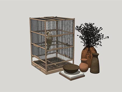 Decorative Ornament Combination With Wooden Birdcage Ceramic Vases Black Plant Round Plate And White Base 3d model