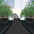 Modern Garden Landscape With Curved Glass Architecture Open Courtyard Water Feature And Geometric Sculptures