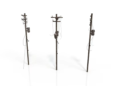 Three Utility Poles With Hanging Wires And Attached Equipment 3d model
