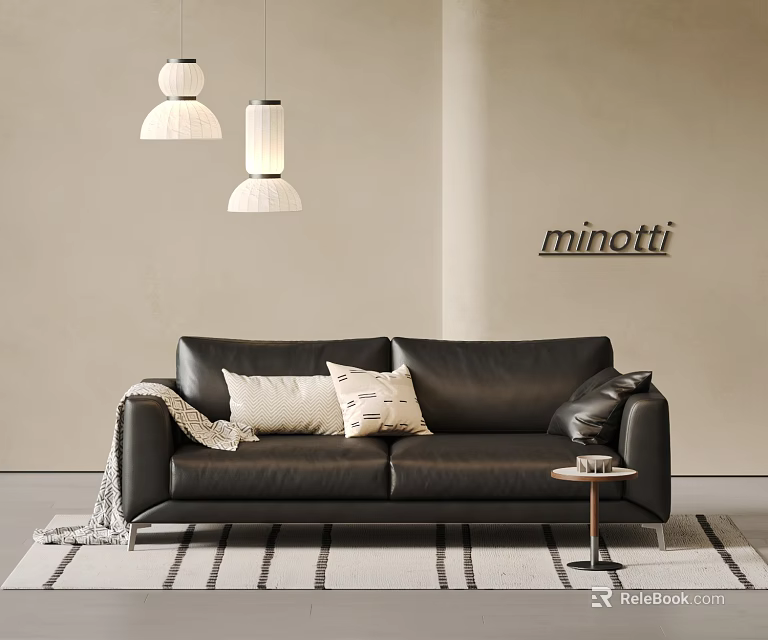 Modern Black Two Seater Sofa with Pillows Blanket and Minotti Pendant Lights 3d model 