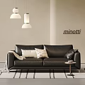 Modern Black Two Seater Sofa with Pillows Blanket and Minotti Pendant Lights