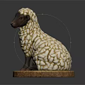 Decorative Lamb Sculpture With White Textured Wool Black Face And Wooden Base