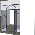 Modern Blue Frame Double Doors With Glass Panels And Arched Design Open In Interior