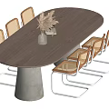 Oval Light Wood Dining Table Set with Rattan Backrest Metal Leg Chairs and Concrete Base