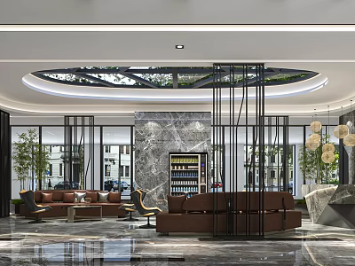 Front Desk Reception Area Featuring Modern Design Marble Wall Brown Sofas Bookshelf And Green Plants 3d model