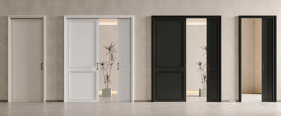 White and Black Sliding Doors on Grey Wall with Plant and Mirror Reflection 3d model 