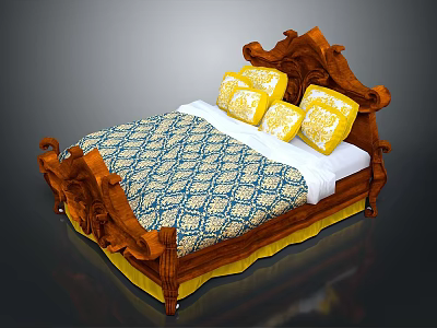 Classic Wooden Carved Bed With Blue Yellow Quilt White Sheets And Yellow Pillows 3d model