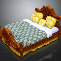 Classic Wooden Carved Bed With Blue Yellow Quilt White Sheets And Yellow Pillows