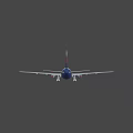 Flying Commercial Airplane With Gray Blue Body Twin Engines And Landing Gear