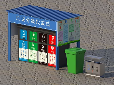 Outdoor Waste Sorting Station With Color Coded Bins And Classification Signs 3d model