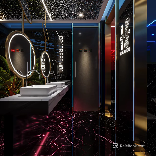Modern Hotel Bathroom Interior With Round Mirrors Lighting And Marble Floors 3d model 