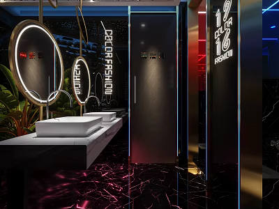 Modern Hotel Bathroom Interior With Round Mirrors Lighting And Marble Floors 3d model