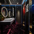 Modern Hotel Bathroom Interior With Round Mirrors Lighting And Marble Floors