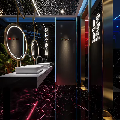 Modern Hotel Bathroom Interior With Round Mirrors Lighting And Marble Floors 3d model