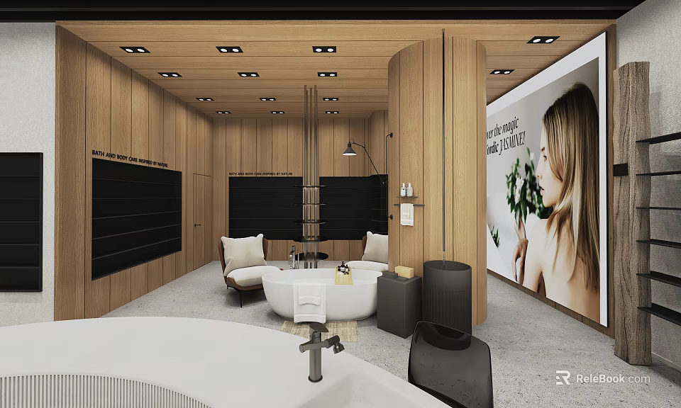 Luxury Bathroom Store with Modern Wooden Walls Bathtub Seating and Large Screen 3d model 