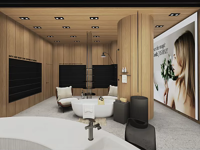 Luxury Bathroom Store with Modern Wooden Walls Bathtub Seating and Large Screen 3d model