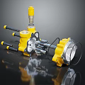 Yellow Industrial Mechanical Equipment With Black Handles Circular Parts And Metal Structure