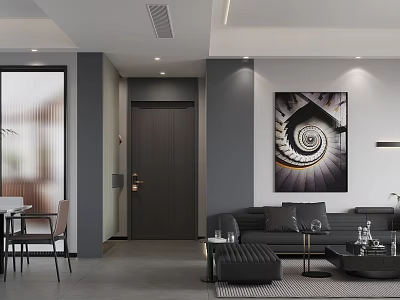 Modern Living And Dining Room Interior With Black Sofa Coffee Table Chairs Spiral Wall Art 3d model