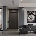 Modern Living And Dining Room Interior With Black Sofa Coffee Table Chairs Spiral Wall Art