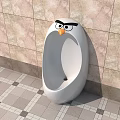 White Bathroom Urinal With Cartoon Face Design On Tile Wall And Checkered Floor