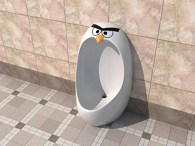 White Bathroom Urinal With Cartoon Face Design On Tile Wall And Checkered Floor 3d model