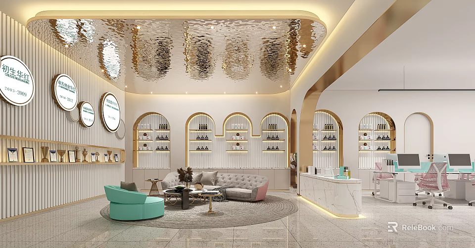 Elegant Modern Lounge Area Interior With Comfortable Sofa Coffee Table And Decorative Shelves 3d model