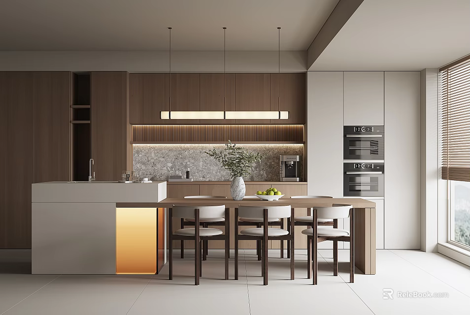 Modern Restaurant Interior Design With Wooden Cabinets Marble Island Dining Chairs And Pendant Lights 3d model 