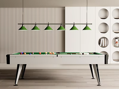 Modern Indoor Sports Pool Table With Green Pendant Lights Striped Wall And White Circular Shelves 3d model