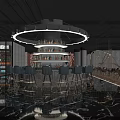 Modern Bar Interior Design With Circular Chandelier Blue Stools And Drink Shelves